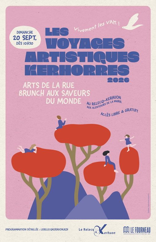 Affiche Voyages Artistiques Kerhorres illustration naive personnages arbres rouges par Agathe Rouxel