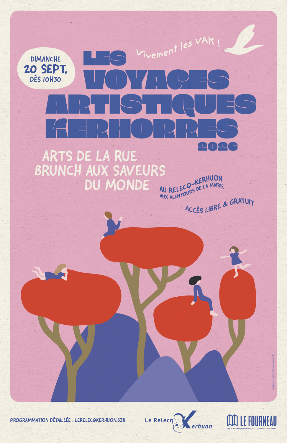 Affiche Voyages Artistiques Kerhorres illustration naive personnages arbres rouges par Agathe Rouxel